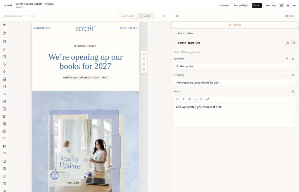 Sereth Email Studio: current visual editor with reusable branded email components